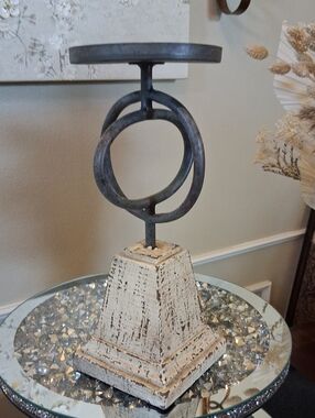Decorative Distressed Cream and Metal Accent Candle Holder Pedestal